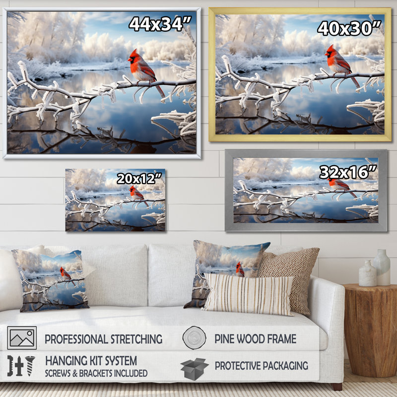 Canada, cardinal rouge, Winter Wonderland III - impression, H 34 po x l 44 po x P 1,5 po, Cadre doré simple