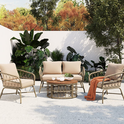 Patio Furniture With Modern Vibes And Cushion Covers, Beige , Oval Wood Tabletop Style Chairs Table Oversized Seating,