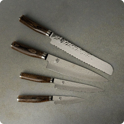 Shun Premier 5 Piece In-Drawer Set, Includes 8" Chef's Knife, 4" Paring Knife, 6.5" Utility Knife & 9" Bread Knife, Handcrafted Japanese Knife Set, Damascus Stainless Steel Cladding, Pakkawood Handle
