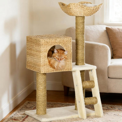 Arbre à chat avec lit confortable haut, poteaux à griffer tissés en quenouille, pour activité, panneau de particules massif, finition blanche, assemblage requis