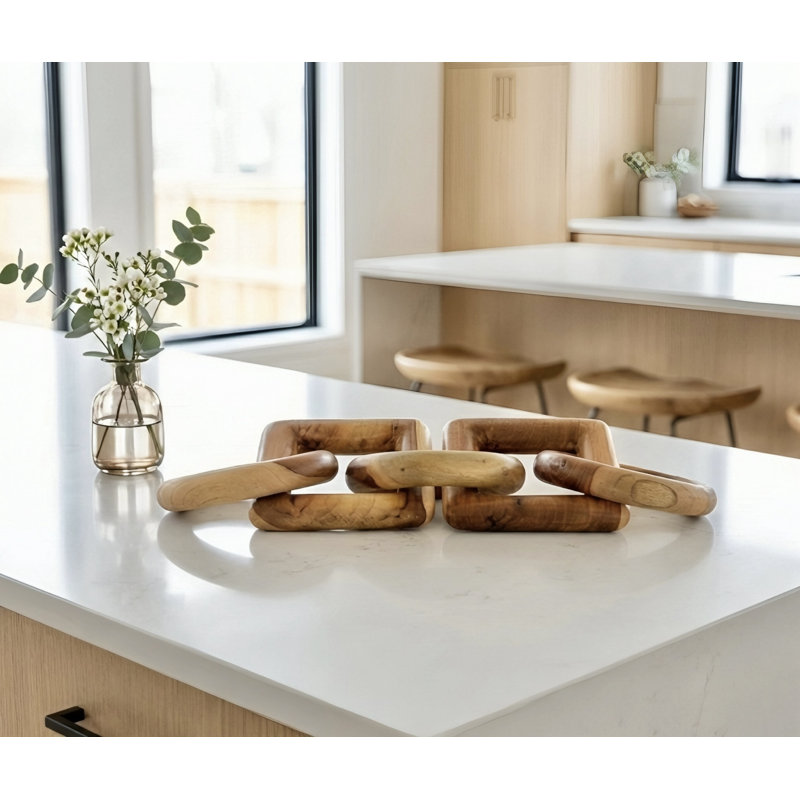 Sculpture en bois à maillon de chaîne en bois sculpté à la main 3 ronds 2 carrés, décor rustique moderne