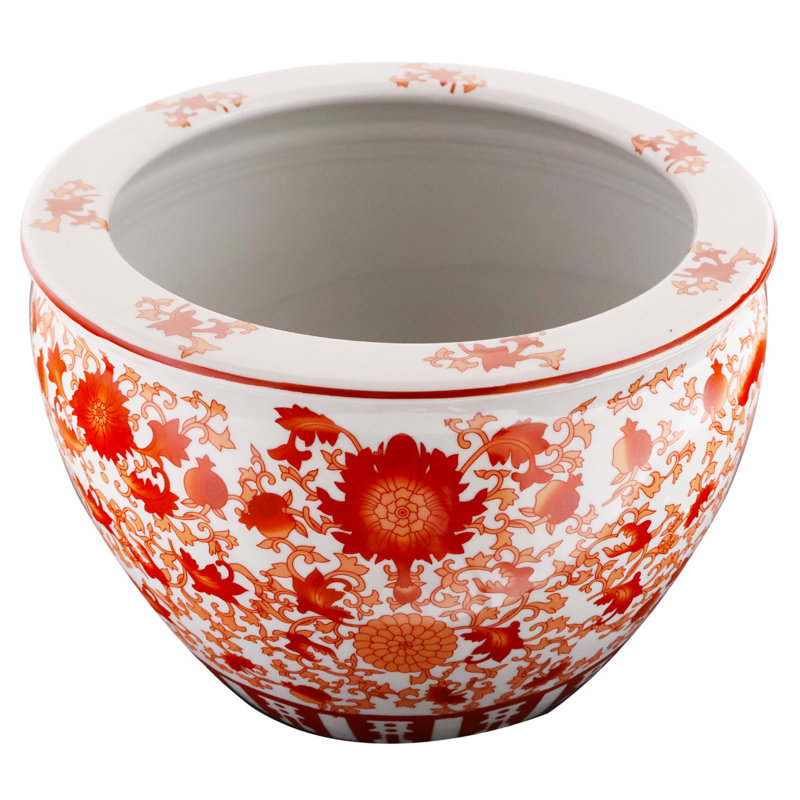 Oriental Fish Bowl Red Coral Pattern, 9" H x 12" W x 12" D
