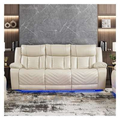 Beige luxueux canapé inclinable électrique avec porte-gobelets Chargeur sans fil à lumière DEL avec ports en simili cuir de qualité supérieure pour canapé 3 places 3 pièces