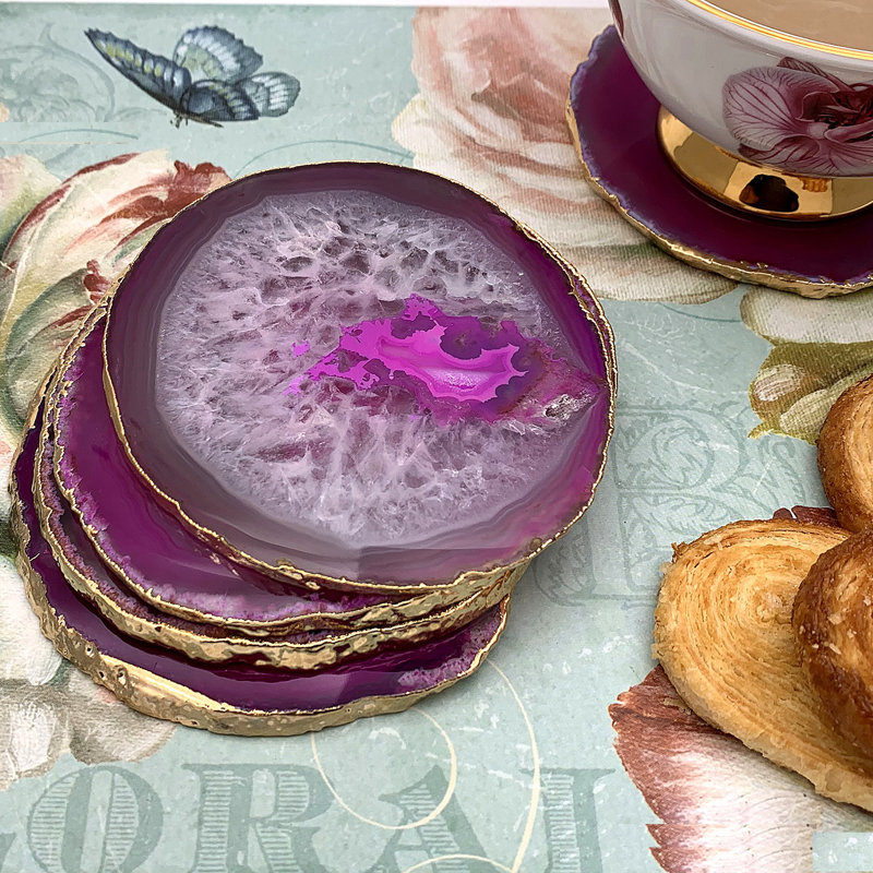 Sous-verres roses en agate naturelle, accessoires de cuisine, Rosé foncé / or