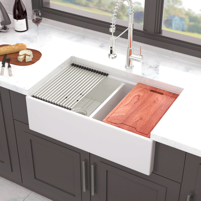 Station de travail blanche Farmhouse Sink - Évier de cuisine de ferme en céramique blanche à cuve de 33 pouces
