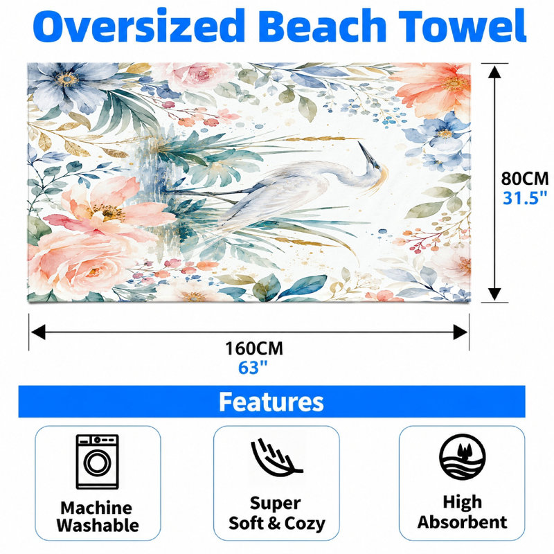 1PCS Elegant Heron Floral Beach Towel, Watercolor Art Design, Perfect for, Pool, Travel, and Outdoor Activities, with a Serene Water Botanical Scenery