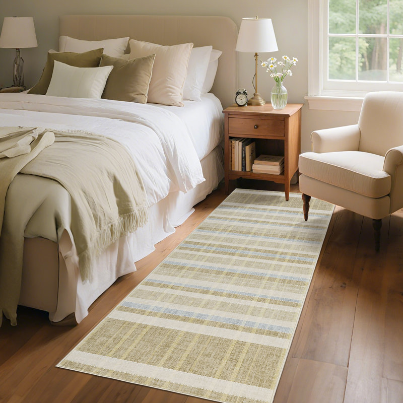 Tapis lavable à carreaux à poils courts avec envers antidérapant, Riz chameau, 2 x 6 pi