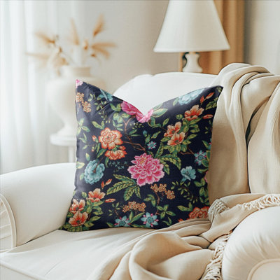 Navy Linen Multi Colour Floral Pillow Cover