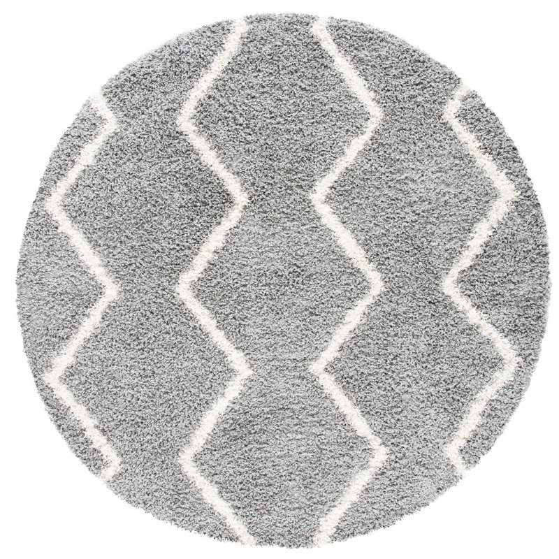 Tapis géométrique gris / blanc, Rond 6 pi 7 po