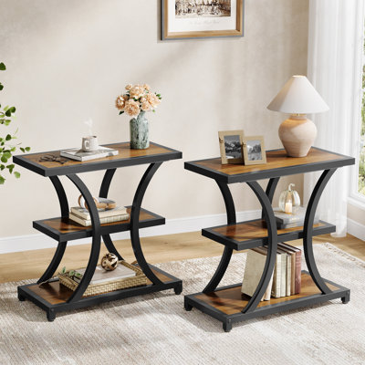 End Table Set Of 2, Narrow Side Table With Storage Shelves