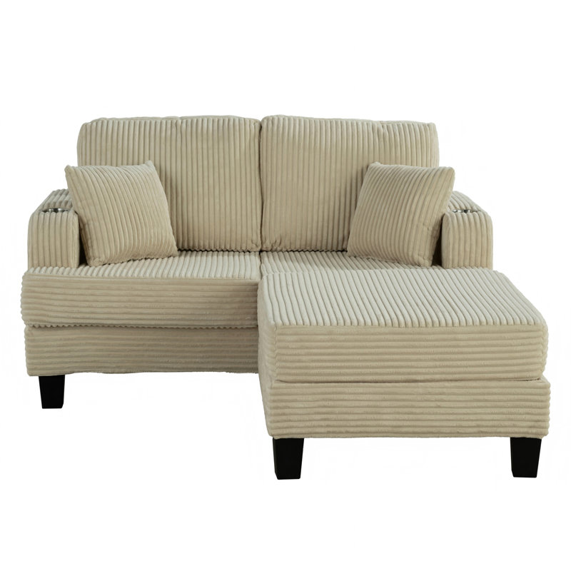 Ensemble de salon 2 pièces avec causeuse et repose-pieds avec 2 porte-gobelets et 2 coussins, Velours côtelé beige
