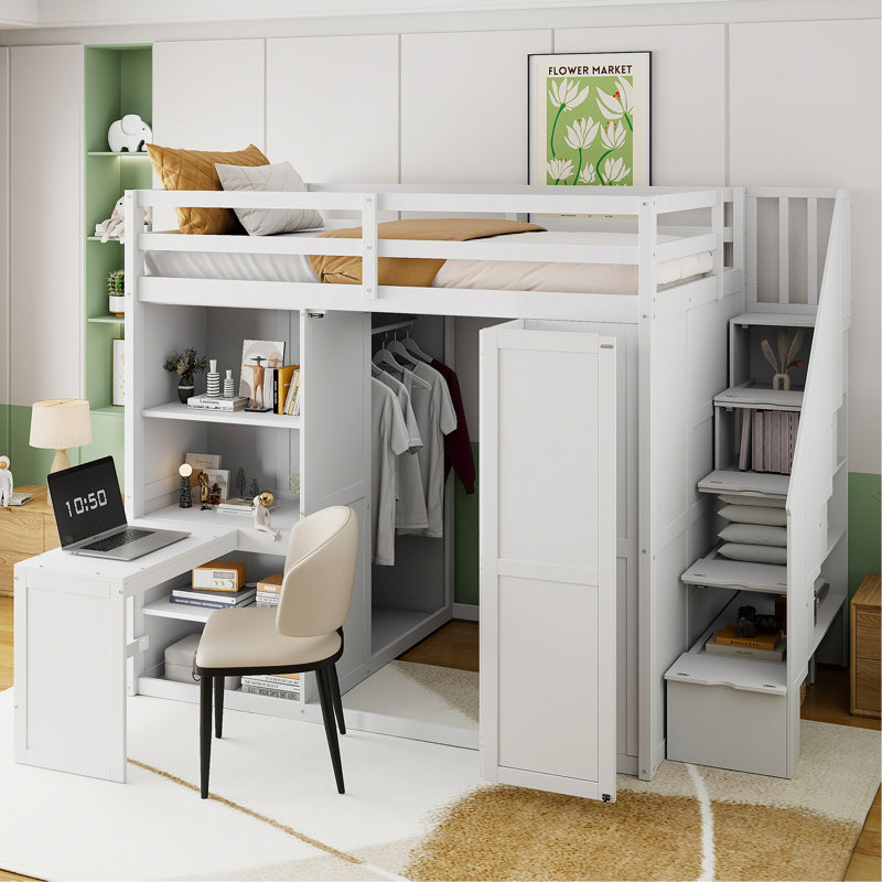 Lit mezzanine avec garde-robe, bureau et tablettes (non inclus), Blanc