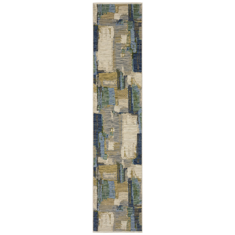 Tapis bleu / vert en laine Truffi, Tapis de couloir 2 pi 6 po x 12 pi