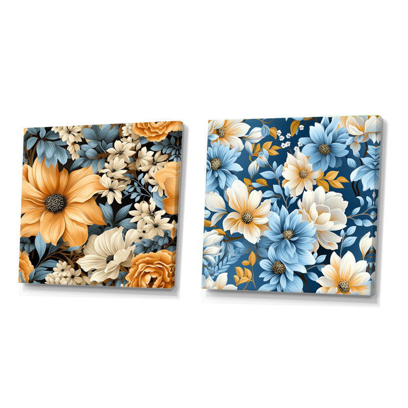 Yellow And Blue Farmhouse Flowers Pattern - Floral Square Collage Set Of 2, Wrapped Canvas, 16" H x 33" W