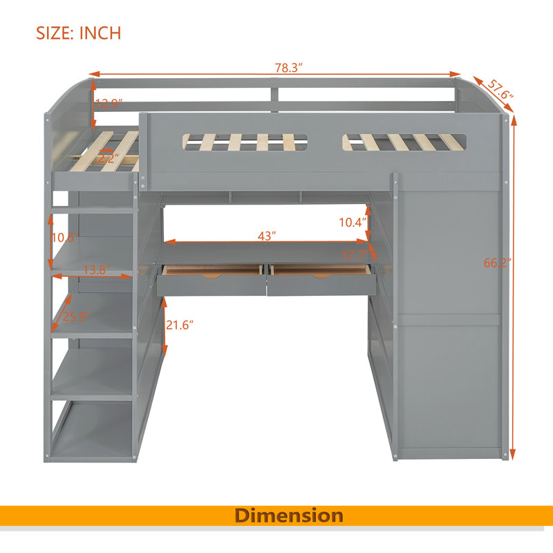 Lit mezzanine avec bureau et garde-robes, Gris