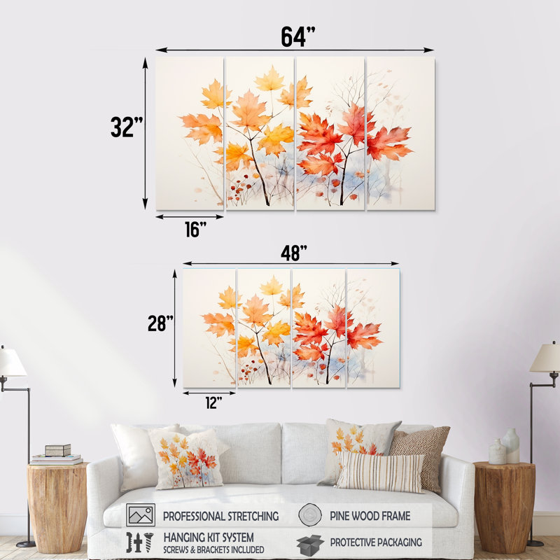 «Yellow I», feuilles d'automne jaunes et oranges - Érable arbre, 4 pièces, H 32 po x l 64 po