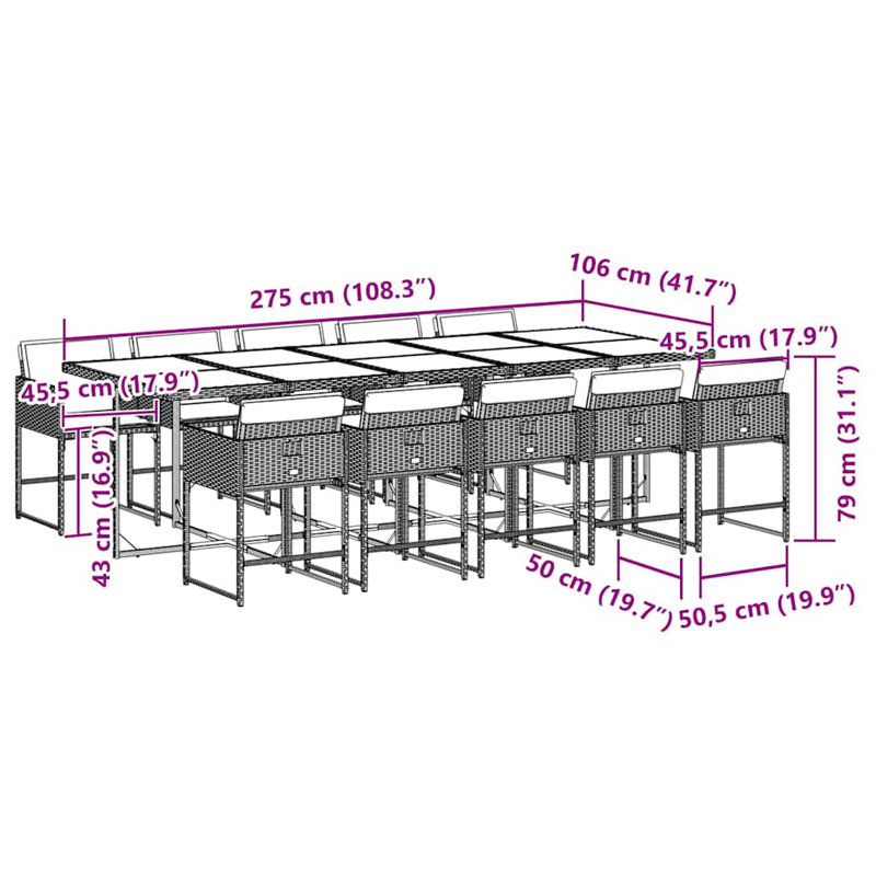 Patio Dining Set with, 11, 73 cm H x 275 cm W x 106 cm D, 10