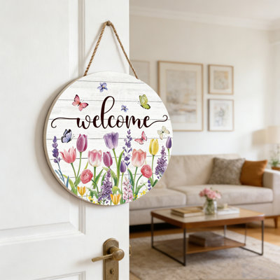 20Cm/7.87In Spring Summer Floral Welcome Wooden Door Hanging Sign Circular Tulip & Butterfly Design With Elegant Cursive Lettering, Farmhouse Porch Window Decoration