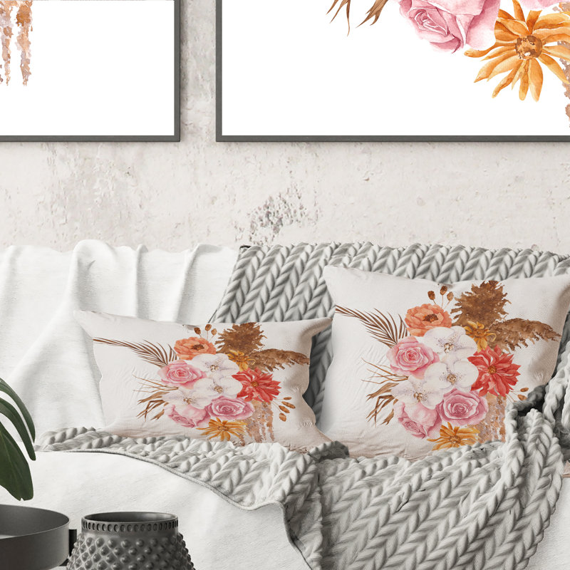 Coussin décoratif à motif de feuilles de palmier et d'herbe de Pampa séché I, 16 po x 16 po