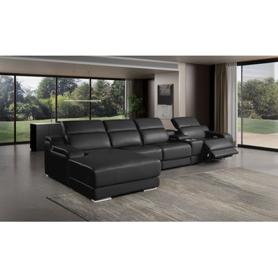 Canapé modulaire noir en cuir italien 5 pièces avec 1 fauteuil inclinable électrique et appuis-tête réglables noirs faisant face à la gauche