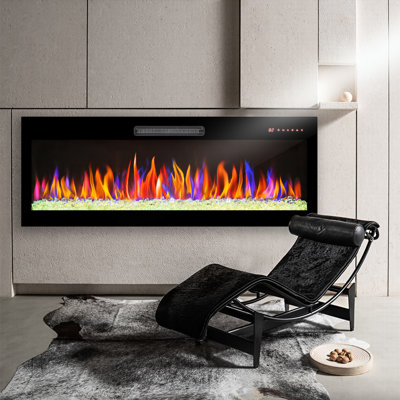50 Inch Electric Fireplace, Tempered Glass Front, Various Flame & Mixes, 1400W Heating, 11 Temp Options, Energy Heating Wall Mounted Glass, Colorful , Heater, Settings, Touch Button Control, Modern