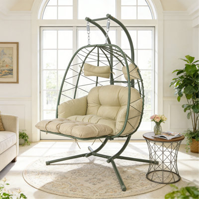 2 Person Hanging Egg Chair With Stand, Double Outdoor Wicker Swing Chair With Adjustable Footrest & Thickened Cushions For Patio Garden Balcony