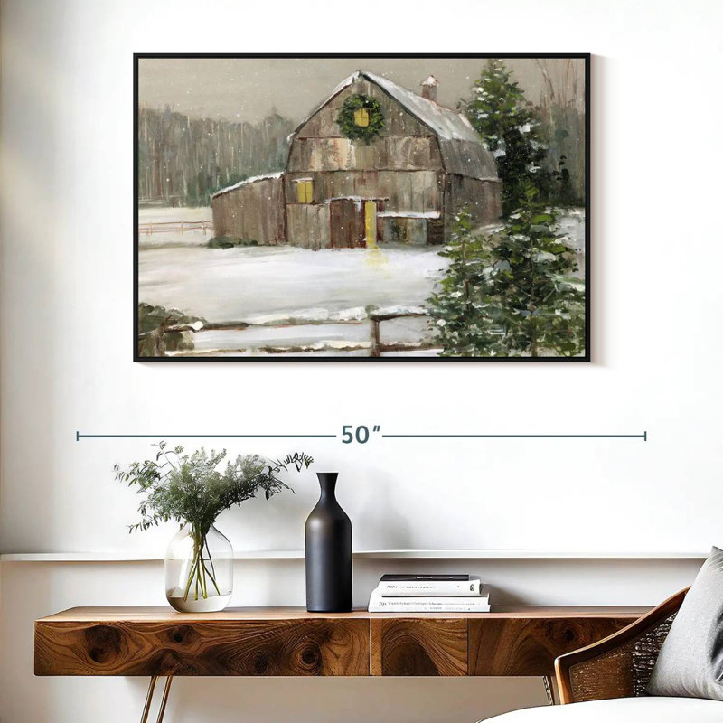 Snowy Winter Barn, Floating Frame Black, 40" X 27"