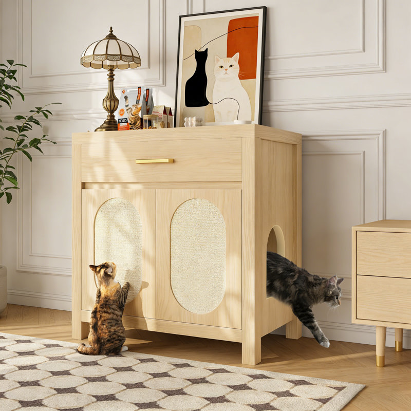 Enceinte de litière pour chat avec portes à griffer, Naturel