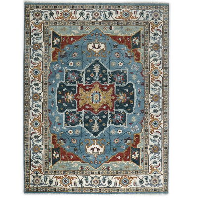 Tapis Oushak bleu en laine noué à la main 8 pi 10 po x 12 pi 2 po