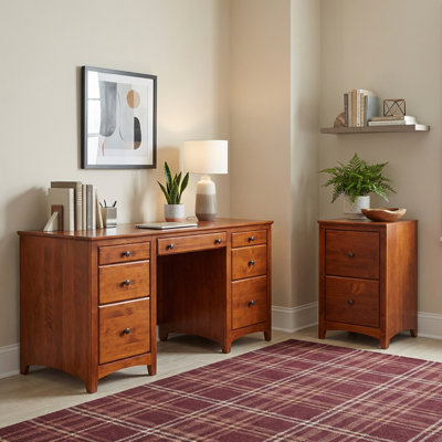 Solid Wood Credenza Desk With 2-Drawer File Cabinet