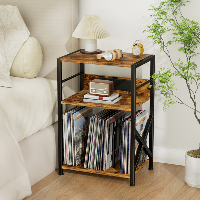 65cm H Record Player Stand with Charging Station, Brown