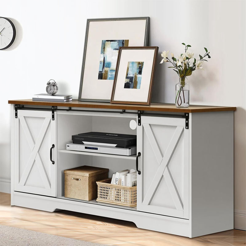 Meuble télé à cadre en bois avec porte coulissante et rangement ouvert