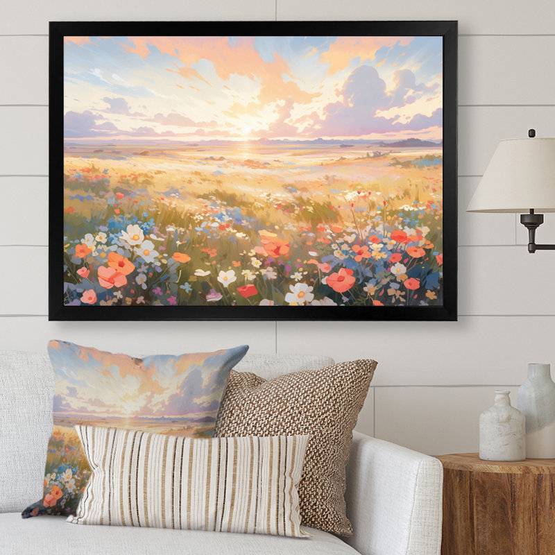 " Coral Beige Wildflower Meadow ", Black Picture Framed, 24" H x 32" W x 1" D