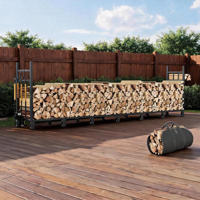 Firewood Rack Outdoor, Heavy Duty Metal Firewood Storage Log Holder with Fireplace Tool Set & Firewood Carrier Bag, Firewood Stacker Rack for Patio, Backyard, Fire Pit
