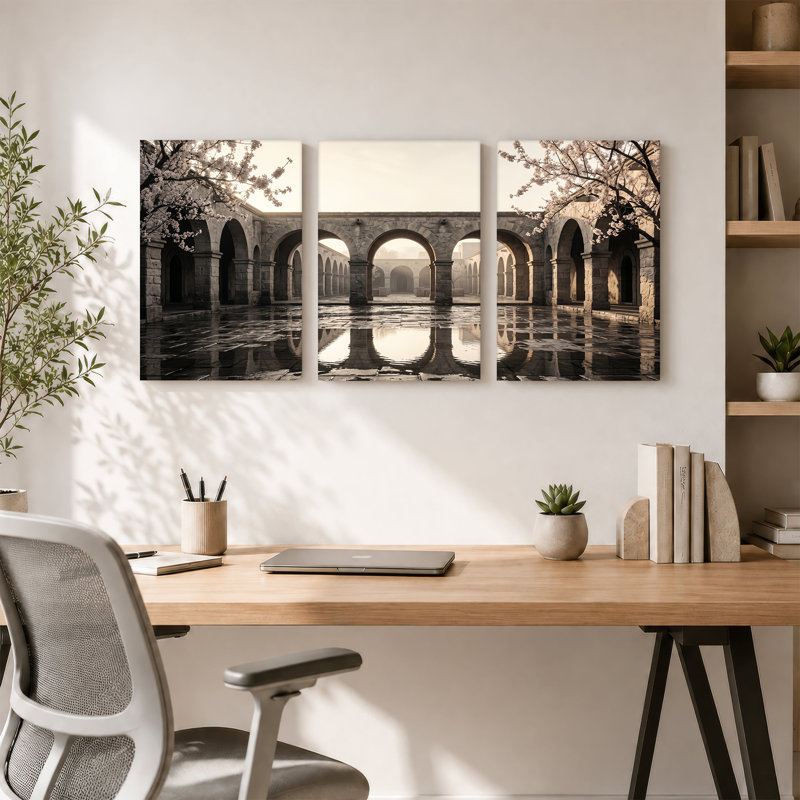 Ensemble de 3 toiles en pierre arquées avec fleurs de cerisier, 30"H x 20"W x 3pcs