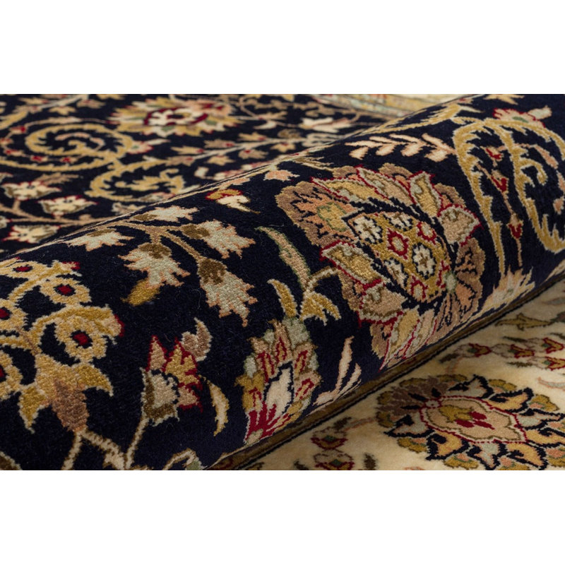 Tapis oriental noir en laine noué à la main à motif floral noir