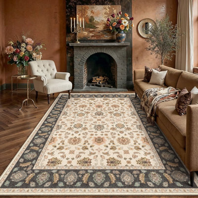 Lilo Traditional Floral Washable Area Rug with Soft Faux Cashmere & Non-Slip Backing