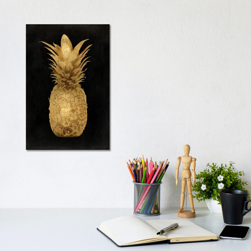 Gold Pineapple On Black I by Kate Bennett - Wrapped Canvas Painting, 20.32 cm H x 30.48 cm W