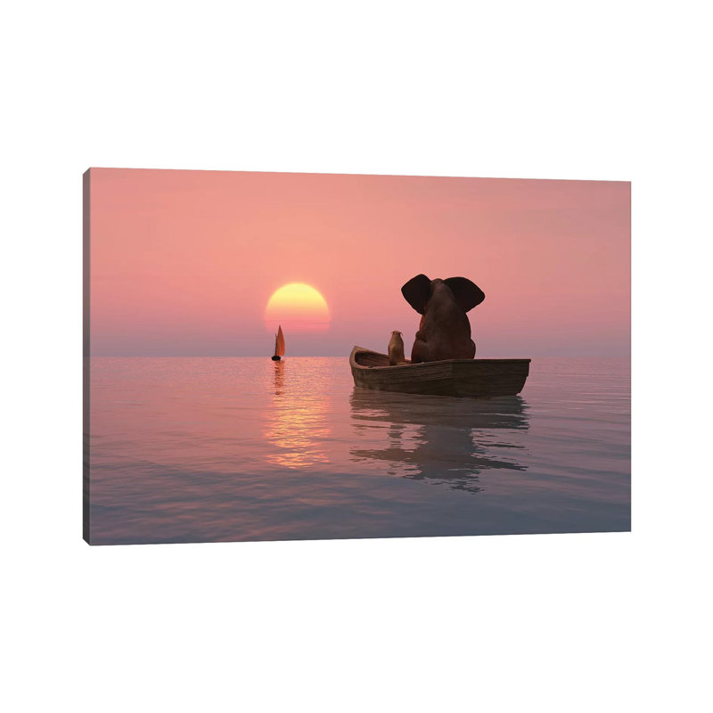 Elephant And Dog Are Floating In A Boat At Sunset by Mike Kiev - Wrapped Canvas Print, 20.32 cm H x 30.48 cm W