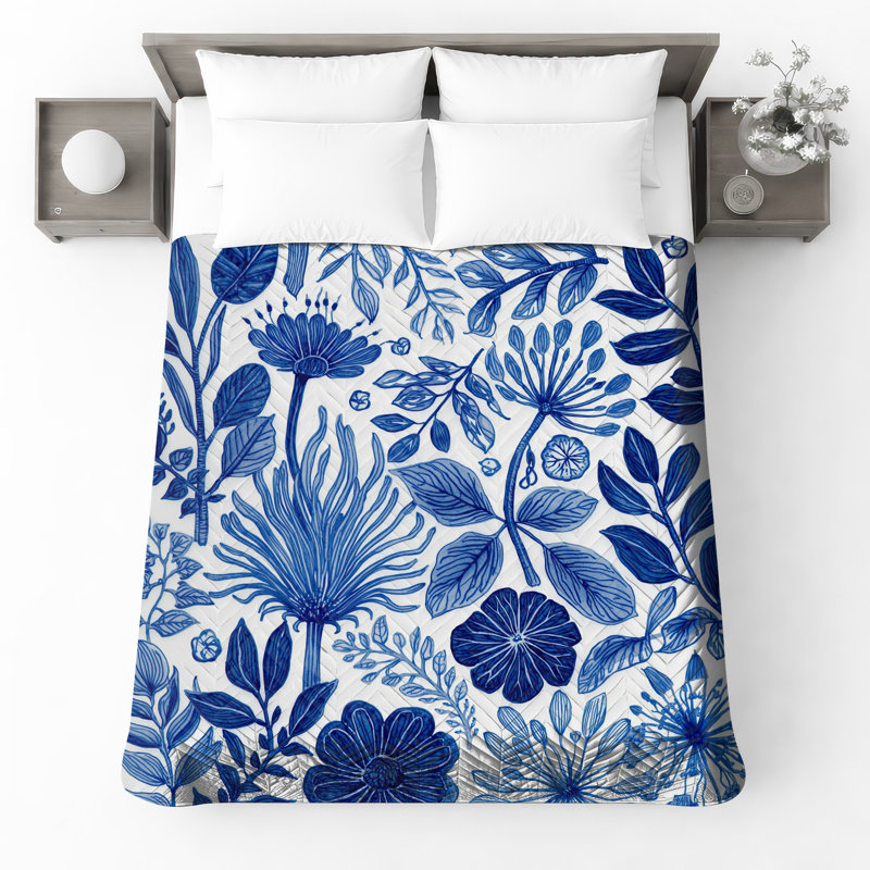 Couvre-lit matelassé bleu Botanical Illustration, Lit simple
