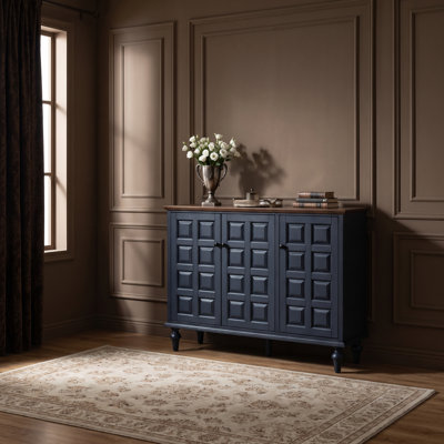 Meuble d'appoint moderne du milieu du siècle à 3 portes, 116,5 cm de largeur, avec rangement et étagères inclus
