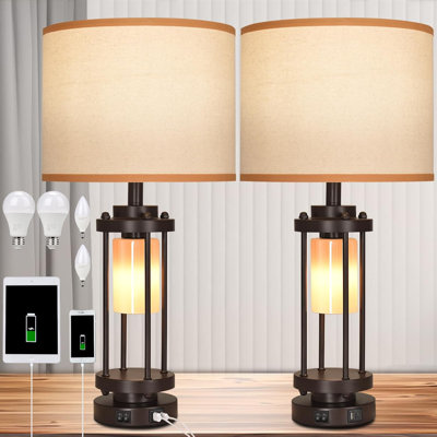 Farmhouse Table Lamps Set Of 2 With Dual USB Charging Ports, Adjustable 3-Color Temperature, Industrial Nightstand Lamps For Living Room And Bedroom