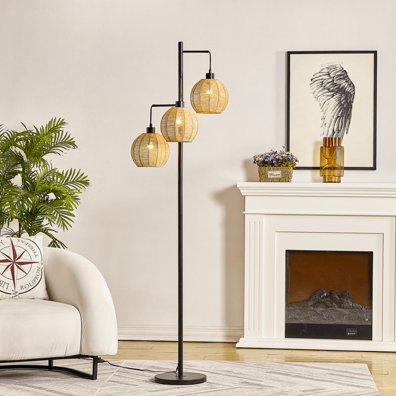 Coleford 65" Black Modern Boho 3-Light Metal Floor Lamp with Woven Rattan Globe Shades Tall Standing Corner Lamp for Living Room Bedroom Reading