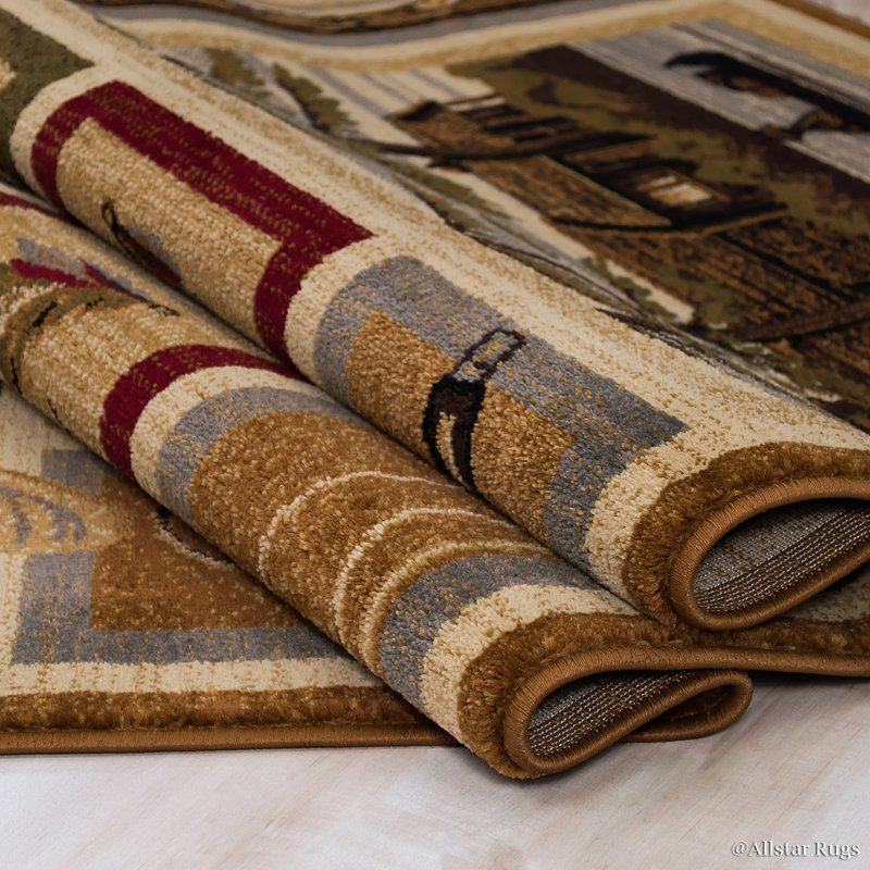 Rustic Brown and Green Lodge Themed Synthetic Rug
