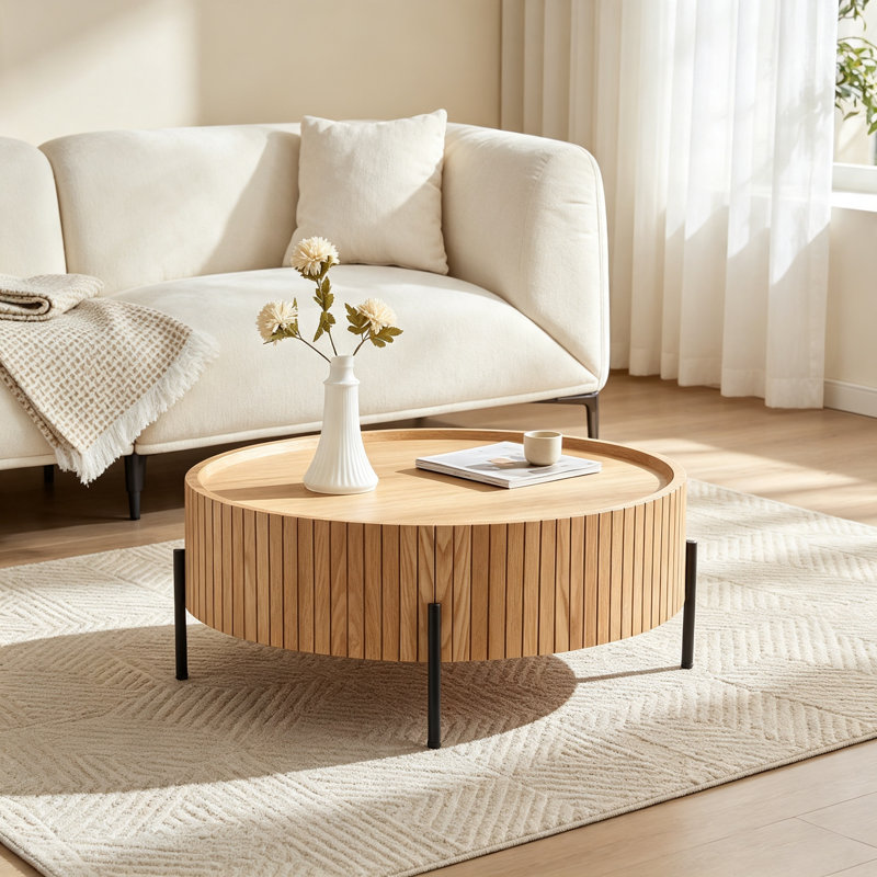 Table basse ronde avec plateau de rangement pivotant, placage en bois naturel, pattes en métal noir, Naturel / Noir
