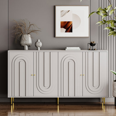 Buffet moderne 4 portes en bois laqué gris avec tablettes réglables pour le salon, l'entrée, le bureau, la cuisine et la salle à manger