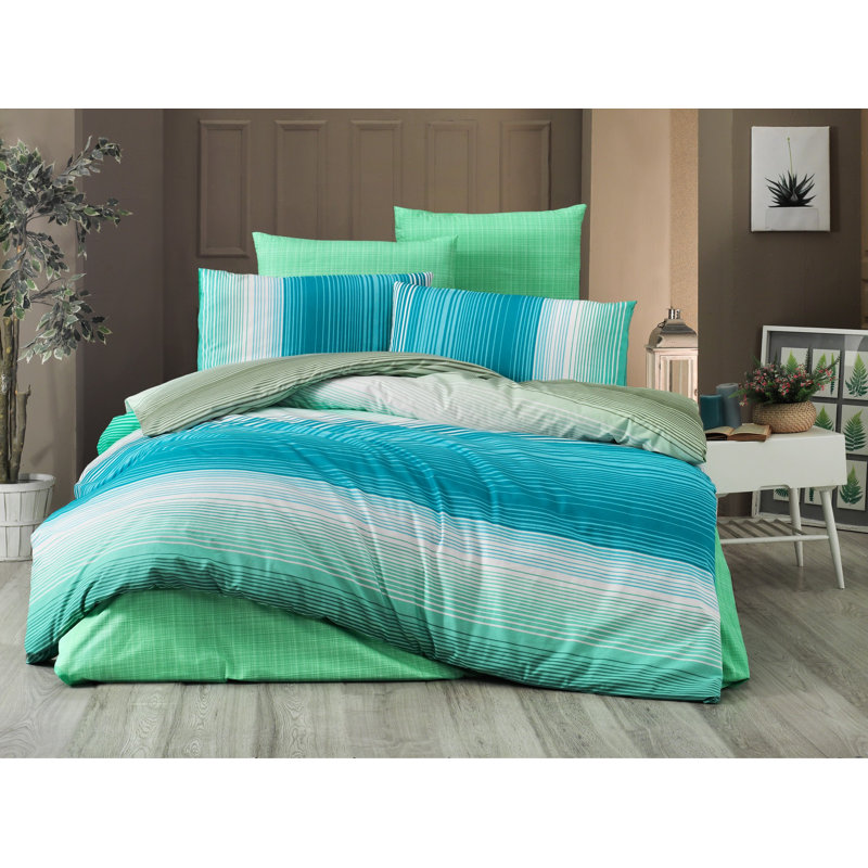 Ensemble de housse de couette en mélange de coton vert / bleu / blanc Luis