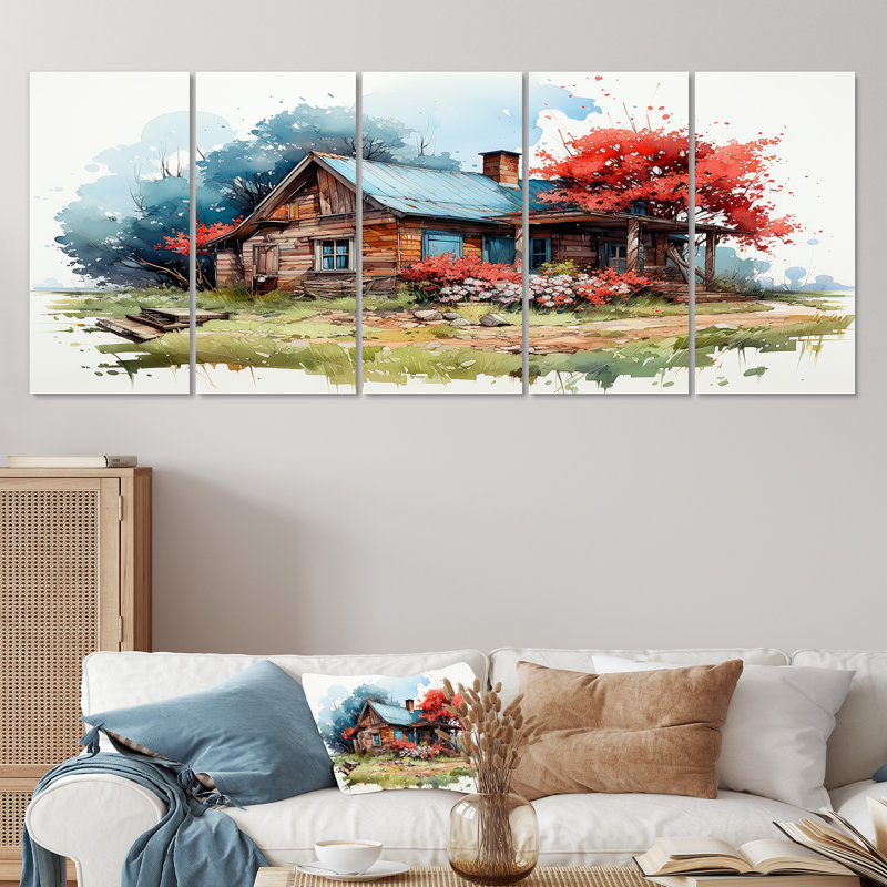 Maison de campagne avec arbre rouge, aquarelle - paysage, art mural 5 pièces, H 28 po x l 60 po
