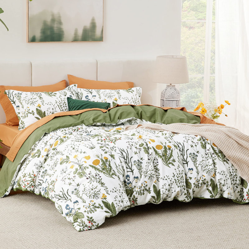 Bedsure 100% Cotton Reversible Floral Duvet Cover Set, Twin Duvet Cover + 1 Standard Pillow Sham, Green (No Comforter)
