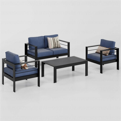 Ensemble de conversation moderne en aluminium 4 pièces pour patio, canapé 4 places avec coussins bleus épais et structure noire et table basse